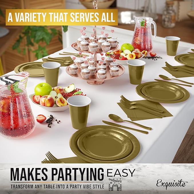 222 Pcs Gold Paper Plates and Napkins Sets, Disposable Plates For Party, Lunch & Cocktail Napkins Paper, 18oz Plastic Cups, Cutlery and Gold Table cloth Plastic Dinnerware Set