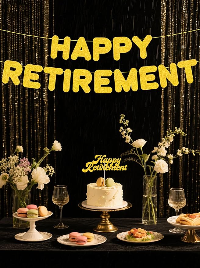 Gold Retirement Party Decorations, Pre Strung Happy Retirement Banner & Cake Topper Kit for Men Women, Ready to Hang