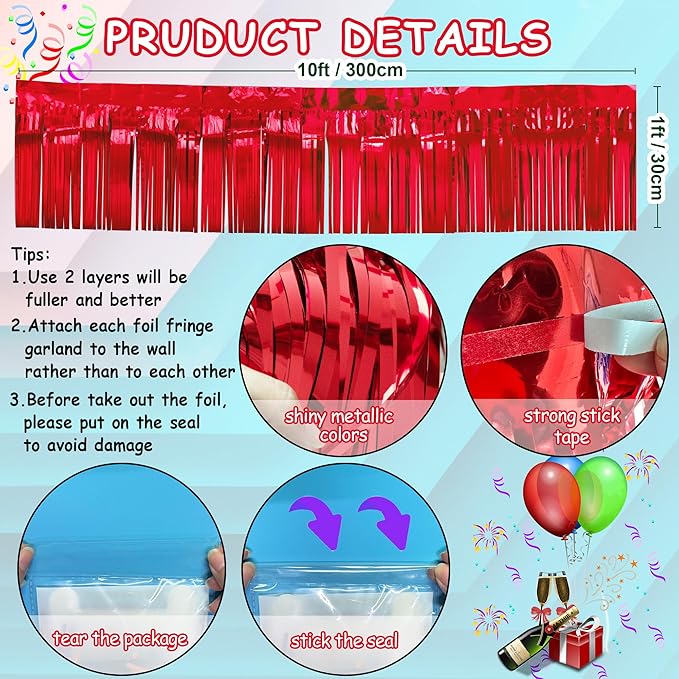 4 Packs Total 39 Feet Parade Floats for Trailer Car, Red Foil Fringe Garland Tinsel Streamers Hanging Backdrop Banner Table Skirts for 4th of July Graduation Homecoming Wedding Birthday Party Decor