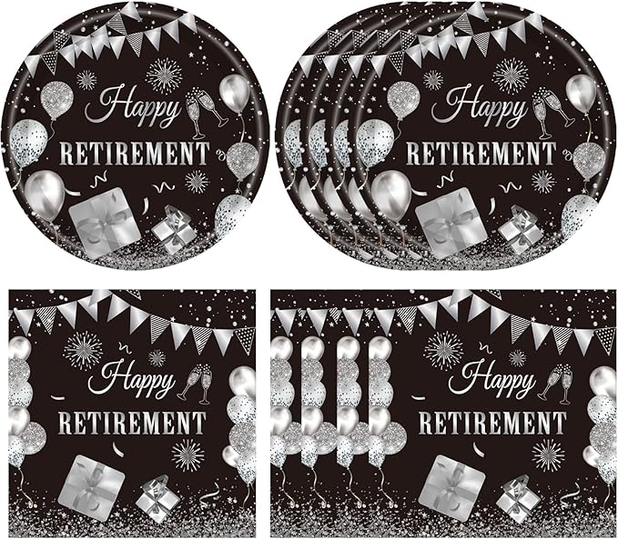 40PCS Happy Retirement Party Decorations Men Women,Black Silver Disposable Tableware Set Including Retirement Plates and Napkins for Women Men,Going Away Decor