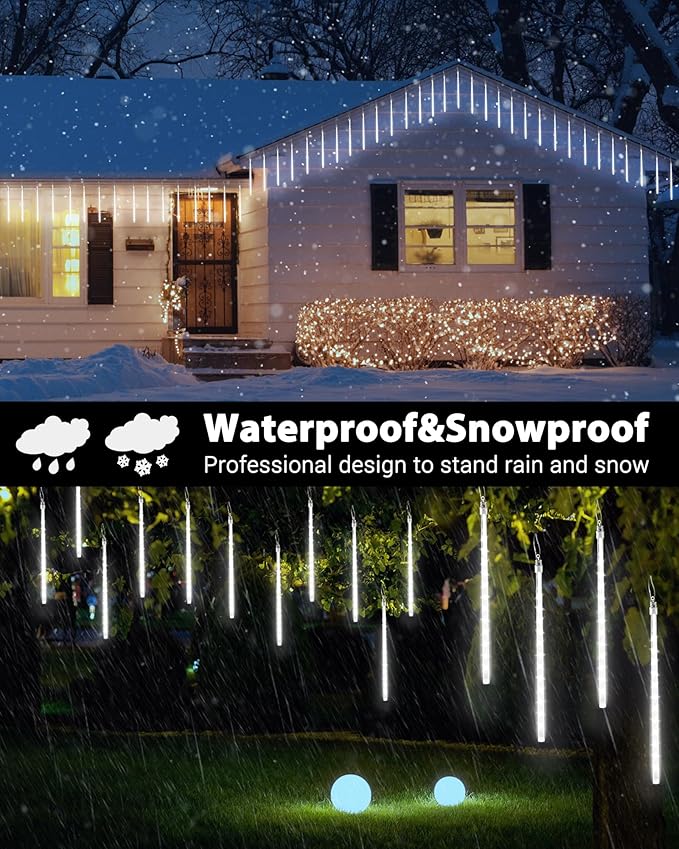 iBaycon 20 Tubes 480 LED Meteor Shower Rain Lights, 11.8 inches Cascading Icicle Lights Waterproof Outdoor, Connectable Falling Raindrop Lights with Timer for Holiday Party Christmas Decorations