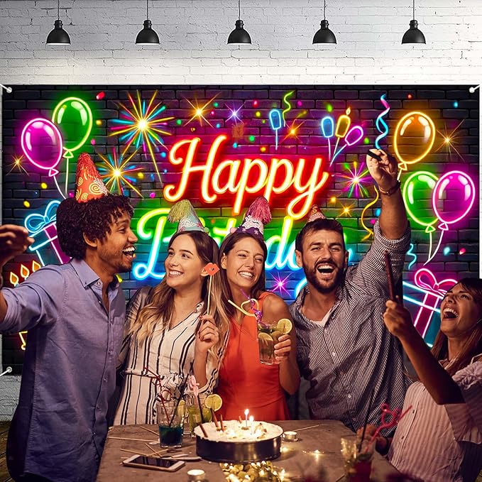 Nuxovilar Neon Brick Wall “Happy Birthday” Party Decor Banner, Colorful Streamers Pattern Backdrop for Birthday Celebrations, Yard Sign Background, 71x43 Inch