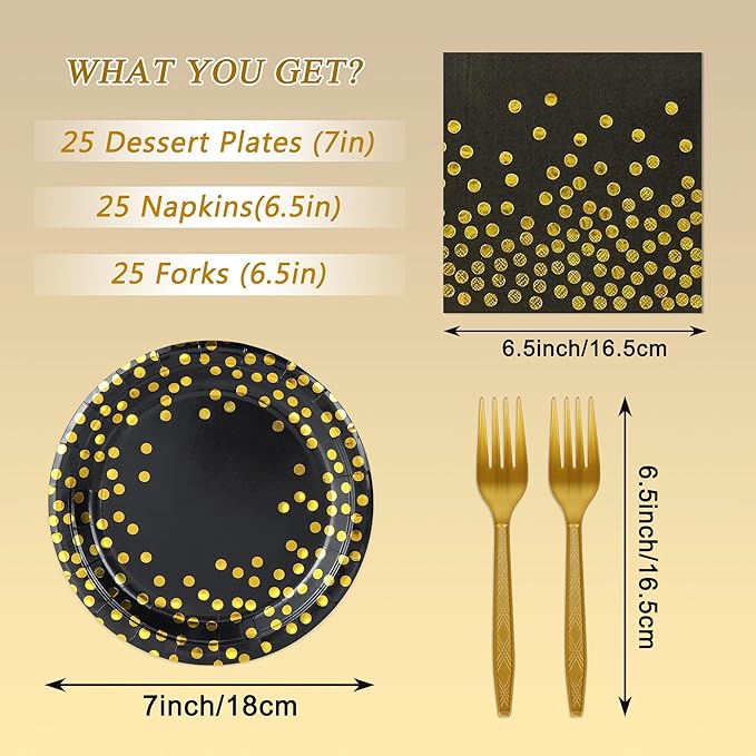 Black and Gold Paper Plates and Napkins Party Supplies,Serves 25 Guests Black Gold Plates and Napkins,Disposable Paper Tableware Set for Birthday Graduation Retirement Decorations