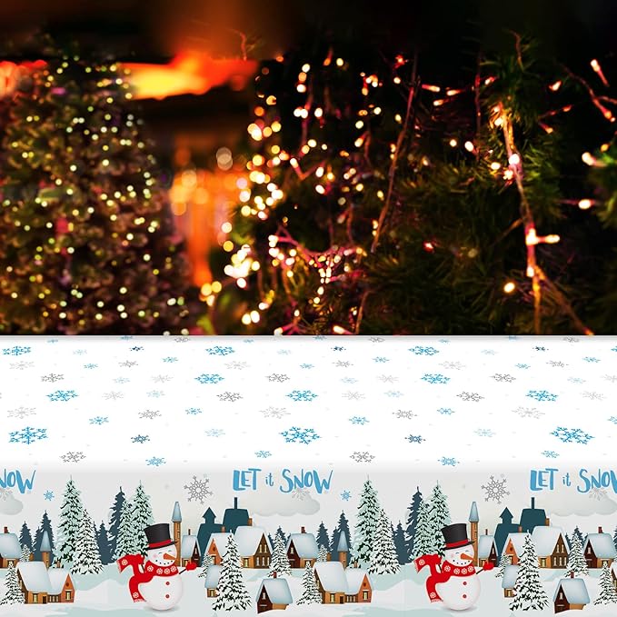 Tevxj 3 Pieces Winter Snowflake Plastic Tablecloth Christmas Holiday Party Plastic Table Covers Let's it Snow Snowman Theme Baby Shower Birthday Home Party Decorations Supplies 54X108inch