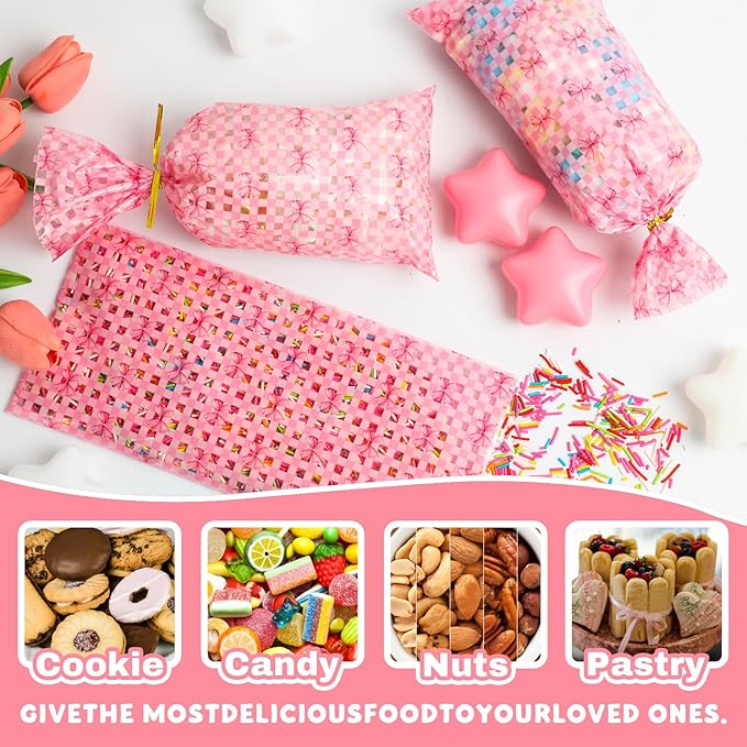 Docvania Cello Cellophane Treat Gift Bags Pink bow Cookie Bags 100 pcs 5 X 11 Goodie Bag with Ties for Mother's Day, Valentine's Day and Parties, Weddings