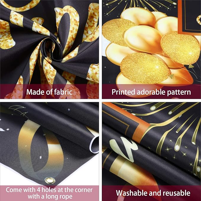 Blulu Happy Birthday Banner Sign Poster Large Fabric Glitter Balloon Fireworks Sign Photo Backdrop Background for Birthday Decoration Supplies, 72.8 x 43.3in (Black and Gold)