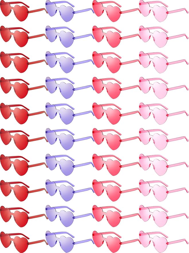 Weewooday 40 Pairs Heart valentines Glasses Rimless Heart Shaped Frameless Sunglasses Transparent Sunglasses Tinted Eyewear