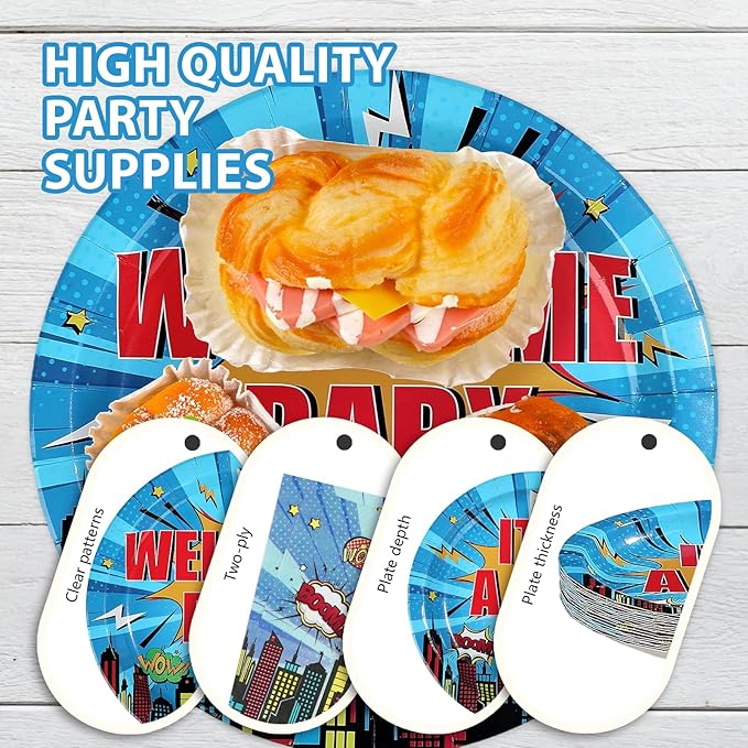 96Pcs Super Theme Hero Baby Shower Party Decoration Blue Welcome-Baby Plates and Napkins Hero City Buildings Disposable Tableware Set for Boys Baby Shower Birthday Party Supplies Serves 24
