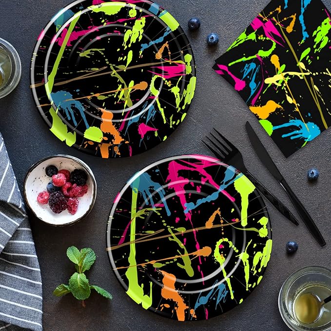Neon Party Supplies Tableware - Glow Party Decorations Include Plate, Cup, Napkin, Tablecloth, Cutlery, Straw - Graffiti Theme Birthday Baby Shower Decorations | Serve 24