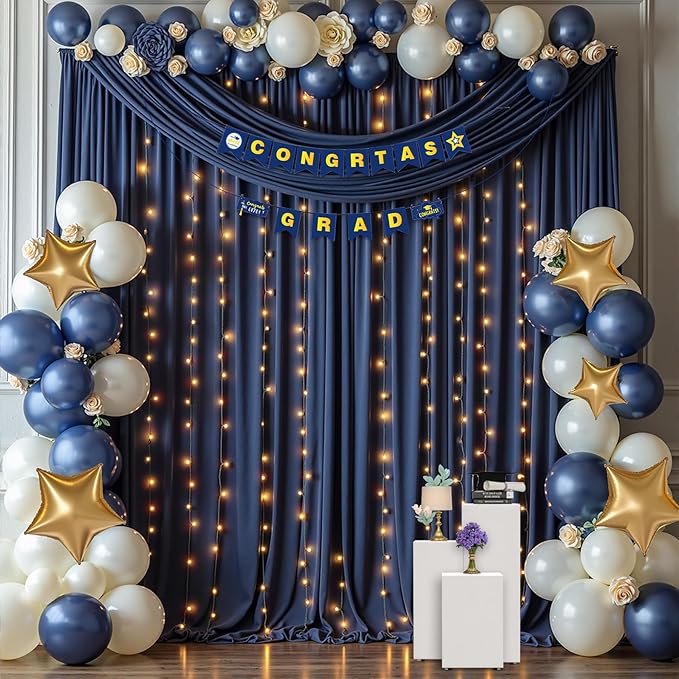 10 x 10ft Navy Blue Backdrop Curtains with Lights String for Wedding Polyester Photo Backdrop Drapes Wrinkle Free White Curtains Backdrop for Birthday Parties Reception Baby Shower Ceremony, 2 Panels