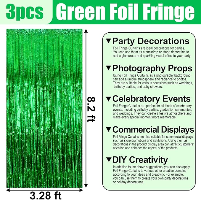 3 Pack Green Foil Fringe Curtain Backdrop, 3.28Ft x 8.2Ft Metallic Tinsel Foil Fringe Streamer Curtains for Photo Booth, Mother's Day, Easter, Birthday, Wedding Party Decorations