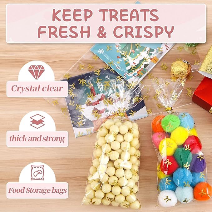 Clear Gift Bags, 4X9 In 100 PCS Cello Cellophane Treat Bags Party Favor Bags Clear Candy Cookie Bags Plastic Poly Goodie Bags with Twist Tie for Birthday,Baby shower,Wedding (Gold Bow)