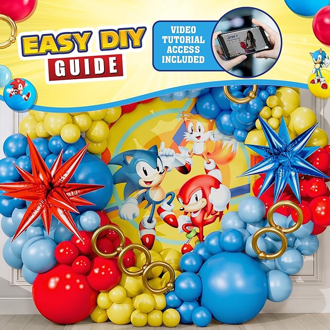 ALL-IN-1 Hedgehog Balloon Arch Kit with BONUS Rings & Starburst Balloons - Red Blue Yellow Balloons Garland for Cartoon Hedgehog Birthday Party Decorations & Party Supplies - Somic Party Decorations S