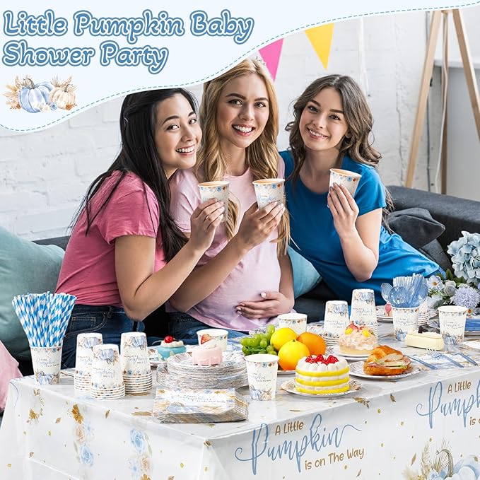 452 Pcs Little Pumpkin Baby Shower Decorations for 50, Blue a Little Pumpkin Is on The Way Paper Plates Napkins Cups Tablecloth Cutlery Straws for Autumn Fall Thanksgiving Party Supplies