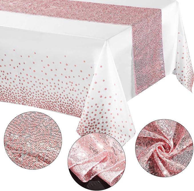 Tablecloth and Sequin Table Runner Set Polka Dots Confetti Table Cover Dining Plastic Table Cloths Glitter Decorations for Birthday Wedding Anniversary Party Supplies (White, Rose Gold, 2 Pcs)