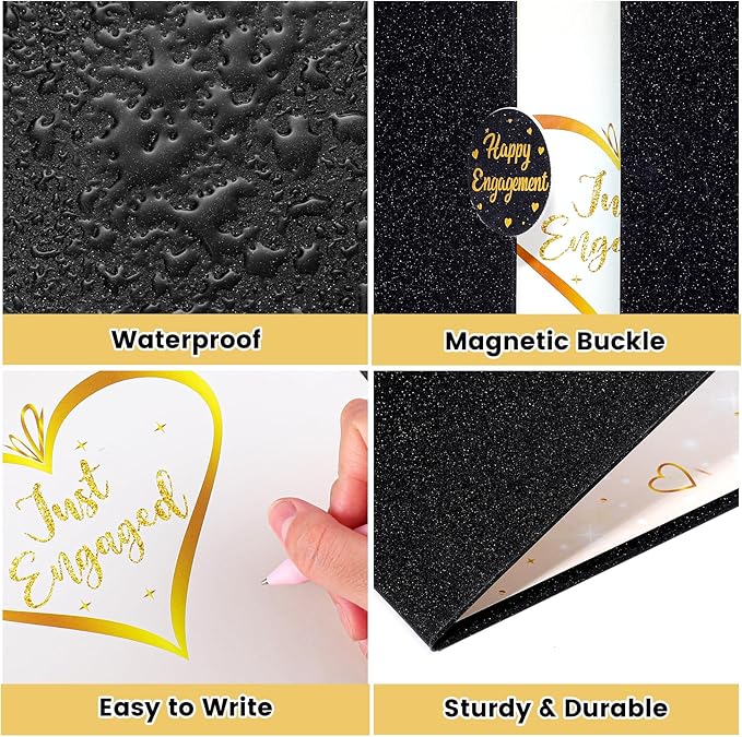 WSICSE Black Gold Engagement Party Decorations, Happy Engagement Signature Guest Book for Men Women Large Engagement Guestbook Gifts Signing Card Board Party Supply(16.7" × 11.8")
