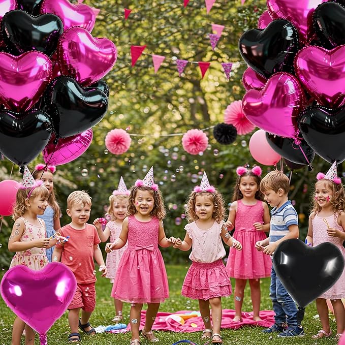 TONIFUL 30Pcs 18 Inch Black Hot Pink Balloons Black Rose Pink Heart Shape Foil Mylar Banners Decoration for Birthday Valentine's Day Wedding Bridal Shower Anniversary Engagement Party Supplies