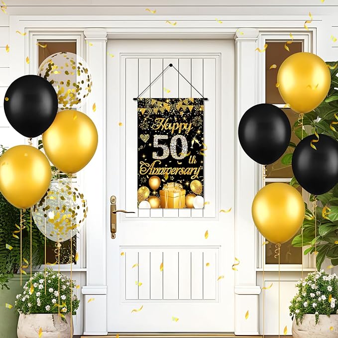 50th Anniversary Decorations Small Banner Black Gold Happy 50th Anniversary Door Hanging Banner Porch Front Door Decor for Women Men 50 Years Silver Wedding Anniversaries Party Cruise Sign Supplies