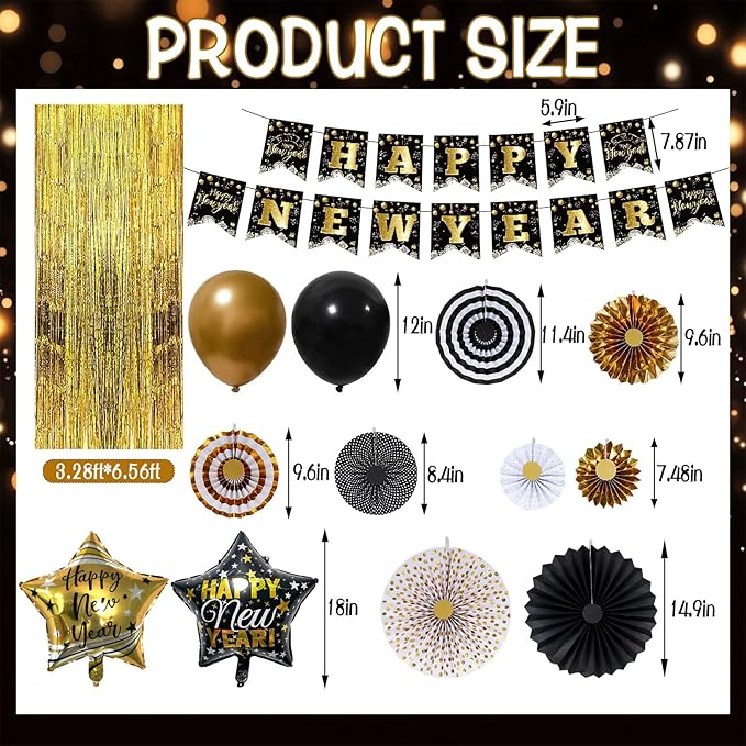 Happy New Year Decorations 2026 Set, Glitter Happy New Year Banner, Gold Fringe Curtain Backdrop Paper Fans New Year Balloons for New Years Eve Party Supplies 2026