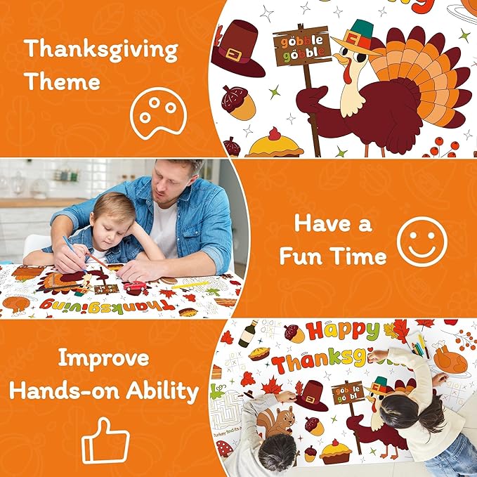 Childom 1 Pack Thanksgiving Coloring Tablecloth for Kids,Thanksgiving Crafts for Kids,30 x 72 Inch Disposable Paper Table Cover,Giant Coloring Poster for Children Gifts Games Activities Holiday Party