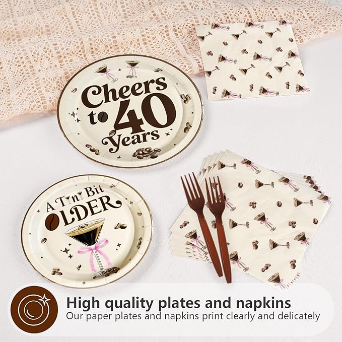 96Pcs Espresso Martini 40th Birthday Decorations Cheers to 40 Years Plates and Napkins Disposable Espresso Martini 40th Paper Tableware Sets for Women Cheers to 40 Birthday Party Supplies, Serves 24