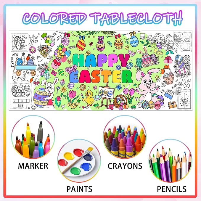 Easter Giant Coloring Poster for Kids,30x72 Inch Happy Easter Crafts Drawing Paper Coloring Tablecloth DIY Art Crafts for Kids Party Egg Bunny Themed Activity Home Classroom Party Suppiles