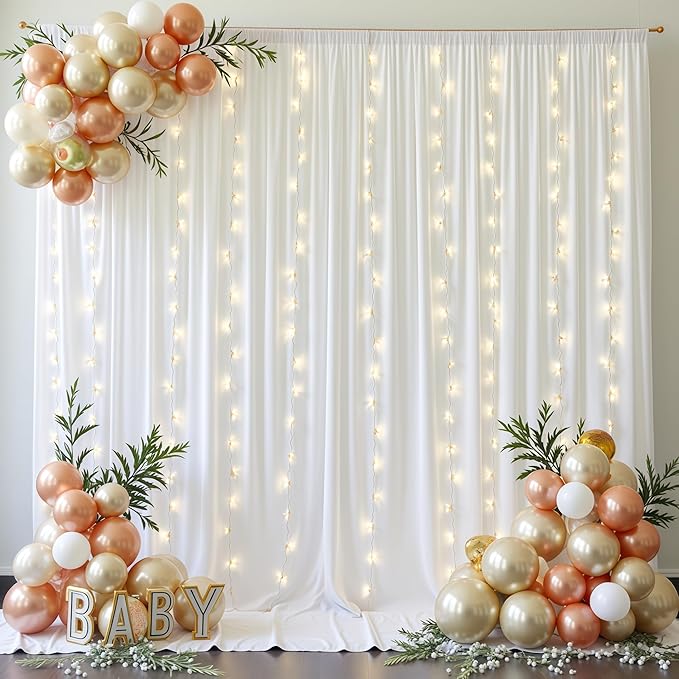 20x10FT White Backdrop Curtains with Lights for Parties,Wrinkle Free Wedding Photo Backdrop Curtains for Baby Shower Birthday Ceremony Reception Home Party Decorations-5ft x 10ft,4 Panels