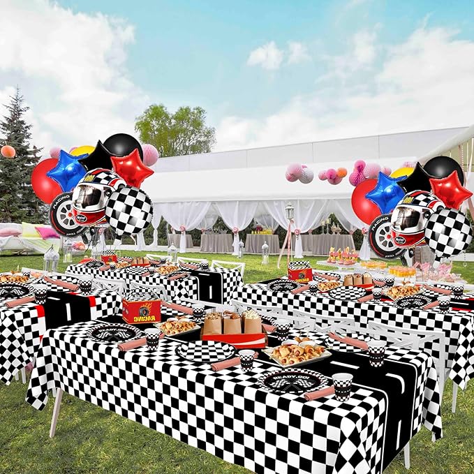 WNINK 6 Pack Race Car Table Cloth and Black White Gingham Tablecloths Disposable Plastic Buffalo Check Tablecloth Checkered Flag Covers for Birthday, Outdoor Picnic, Birthday, Camping 54 × 108 Inch