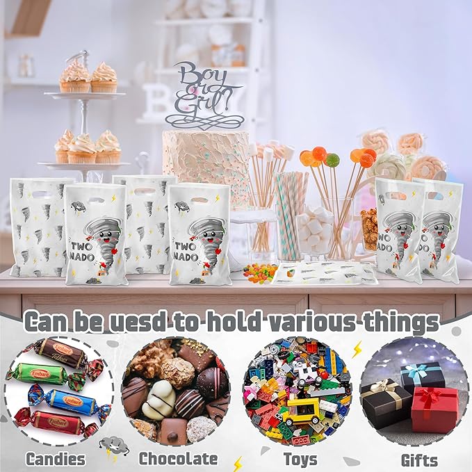 Two Nado Party Favor Bags - 50Pcs Gray Tornado Patterns Goody Candy Treat Bags for Kid, Cute Two Nado Theme Plastic 2nd Birthday Party Favor Supplies Decorations for Baby Boys Girls Baby Shower