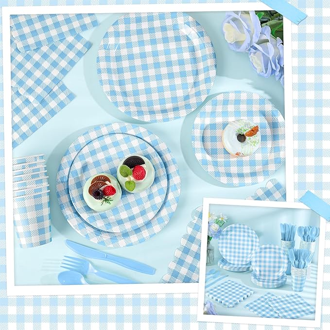 175 Pcs Gingham Paper Plates, Boy Baby Shower Decorations Include Blue Gingham Plates and Napkins Cups Disposable Blue Dinnerware for Picnic, Wedding, Birthday