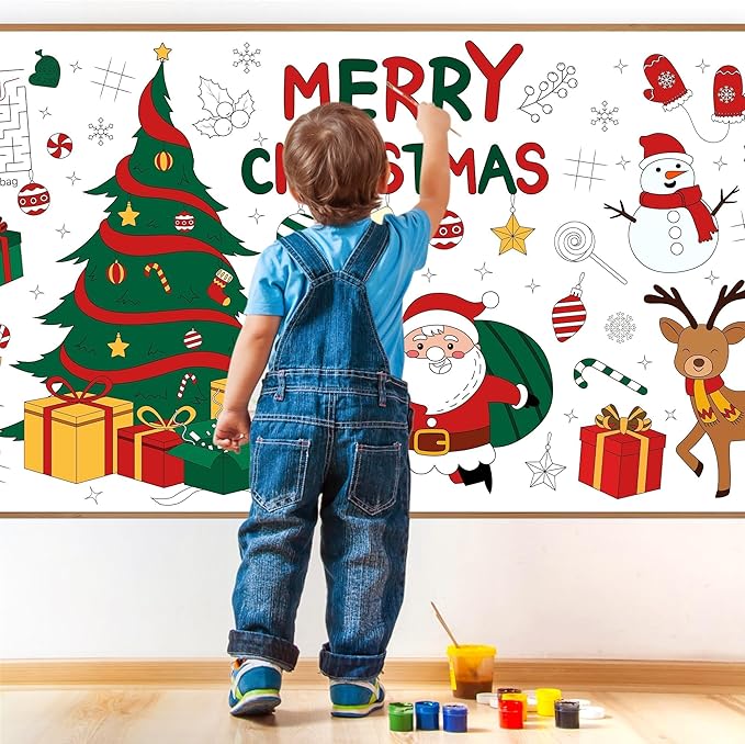 Childom 1 Pack Christmas Coloring Tablecloth for Kids,Christmas Crafts for Kids,30 x 72 Inch Disposable Paper Table Cover,Giant Coloring Poster for Children Gifts Games Activities Holiday Party Favors