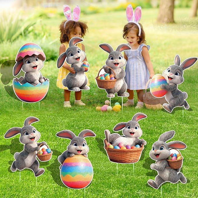 8 Pcs Easter Yard Signs with Stakes, Large Outdoor Easter Bunny Decorations in 8 Styles Featuring Cute Rabbits and Eggs, Sturdy and Waterproof Bunny Yard Lawn Garden Decor for Easter Party