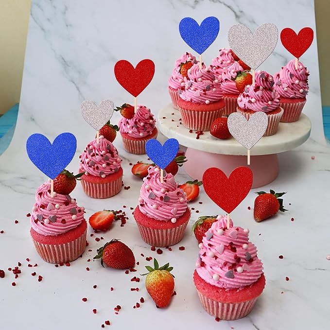 30 PCS Love Heart Cupcake Toppers Glitter Sweet Love Cupcake Picks Wedding Engagement Bridal Shower Cake Decorations for Valentine's Day Baby Shower Birthday Party Supplies Blue Red Silver