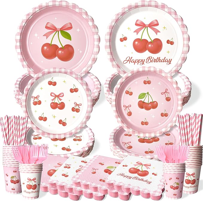 Pink Bow Cherry Birthday Party Supplies - 300 Pcs Disposable Dinnerware Set Serves 50 - Includes Paper Plates, Napkins, Cups, Straws, Forks - Coquette Aesthetic Party Decorations for Girls Women