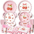 Pink Bow Cherry Birthday Party Supplies - 300 Pcs Disposable Dinnerware Set Serves 50 - Includes Paper Plates, Napkins, Cups, Straws, Forks - Coquette Aesthetic Party Decorations for Girls Women