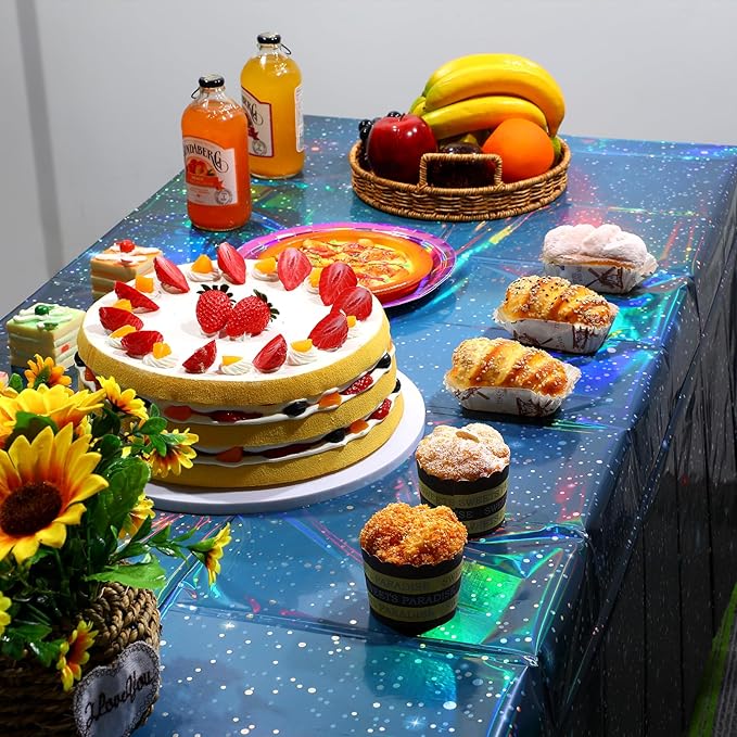 12Pcs Iridescent Space Tablecloths, Disposable Plastic Blue Galaxy Table Cloth Rectangle Table Covers for Space Starry Night Star Theme Party Birthday Party Decorations, 54x108 Inch