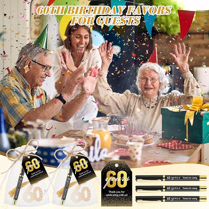 Spakon 25 Set 60th Birthday Party Favor for Guest Anniversary Party Favor Golden Birthday Bookmark Thanks for Coming Pen with Tag Appreciation Gifts for Women Men Wedding New Year
