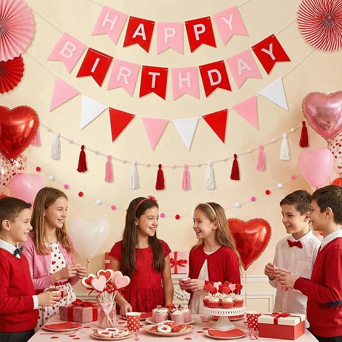 139 Pcs Felt DIY Custom Banner Kit Include 104 Letters 18 Swallowtail Flags 15 Pennants 2 Pcs Pom Pom Garland Tassel Pompom Decoration for Home Baby Shower Birthday(Valentine's Pink)