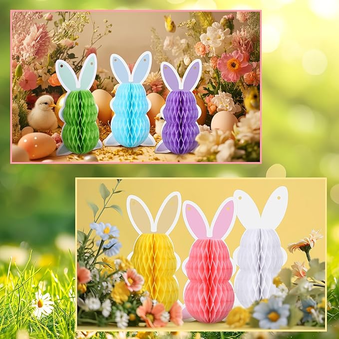 6 Pcs Easter Bunny Honeycomb Decorations Honeycomb DIY Table Centerpieces Set Colorful Spring Easter Ornaments for Bunny Themed Birthday Garden Egg Hunt Party Supplies