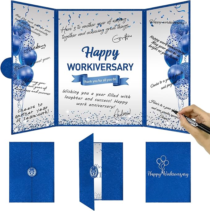 DARUNAXY Blue Silver Happy Workiversary Party Decorations, Navy Blue Happy Work Anniversary Alternative Signature Guest Book for Men Women Employee Business Gifts Signing Card Board for Office Supply