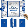 DARUNAXY Blue Silver Happy Workiversary Party Decorations, Navy Blue Happy Work Anniversary Alternative Signature Guest Book for Men Women Employee Business Gifts Signing Card Board for Office Supply