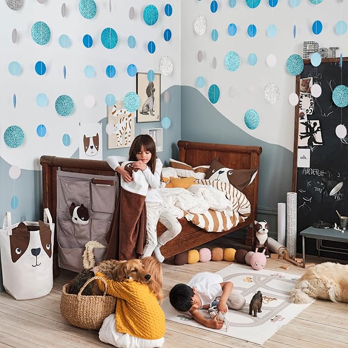 8 Pack Blue Glitter Dot Garland, Hanging Circle Streamers Banner, Backdrop Hanging Decorations for Baby Showers, Weddings, Birthday Parties, Winter Celebrations, and Holiday Decorations