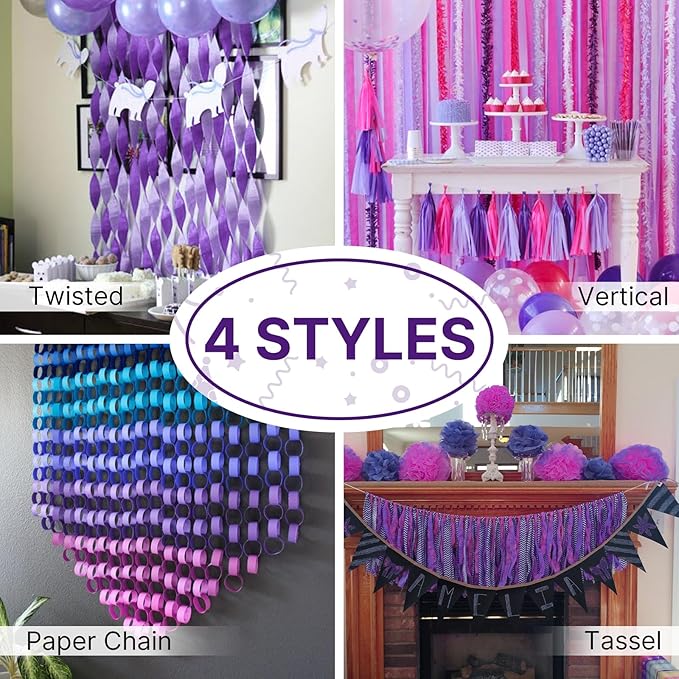 PartyWoo Purple and Gold Crepe Paper Streamers 4pcs 328ft Pack of Metallic Gold Dark Purple Crepe Paper Streamers for Birthday Wedding Gender Reveal Baby Shower Princess Mardi Gras Party Decorations