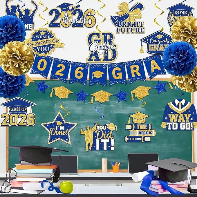 Blue and Gold Graduation Decorations 2026, 2026 Grad Banner and Congrats Grad Hanging Swirls, Blue Graduation Banner Graduations Hanging Swirls College Graduations Party Decorations Class of 2026