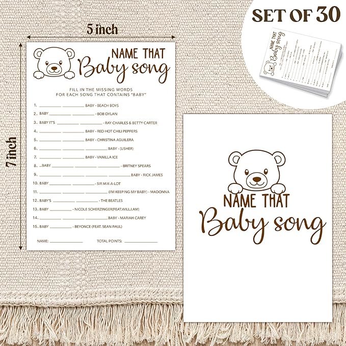 30 PCS Cute Bear Name That Baby Song Baby Shower Games with 1 Answer Card for Boy Girl, Gender Neutral Shower Party Supplies & Decor-C01