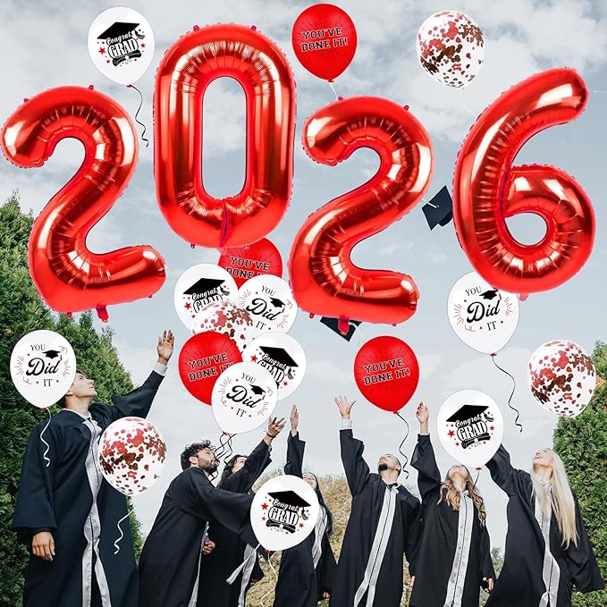 Graduation Decorations 2026, Class of 2026 Backdrop, Banner, 2026 Foil Balloons, Tablecloth, Hanging Swirls, Honeycomb Centerpieces, Party Supplies Decorations Set for College (RED)