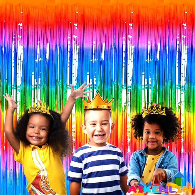 4 Pack 3.2Ft x 8.2Ft Rainbow Foil Fringe Curtain Backdrop, Metallic Tinsel Foil Fringe Streamers Curtains Background for Photo Booth, Birthday, Wedding, Disco, Bachelorette, Christmas Party Decoration
