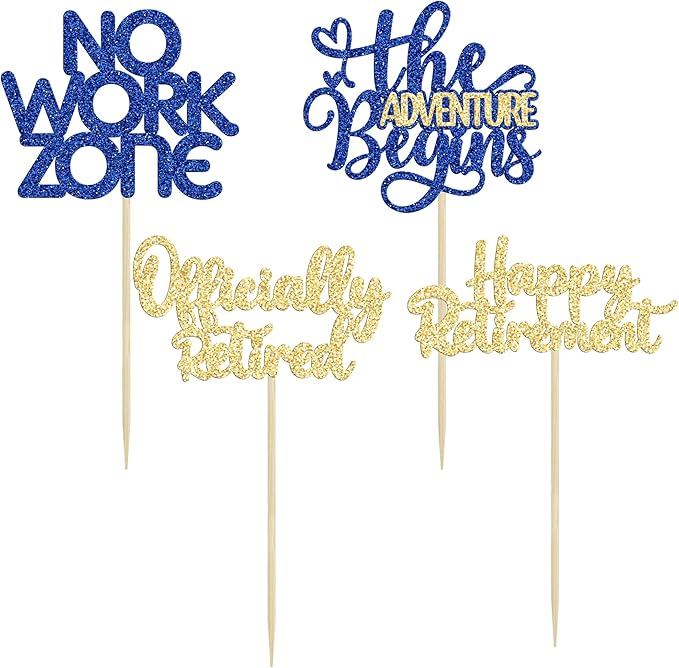24Pcs Happy Retirement Cupcake Toppers Officially Retired Cake Toppers No Work Zone Adventure Begins Cupcake Picks Retirement Theme Farewell Birthday Party Decorations Supplies Gold Blue