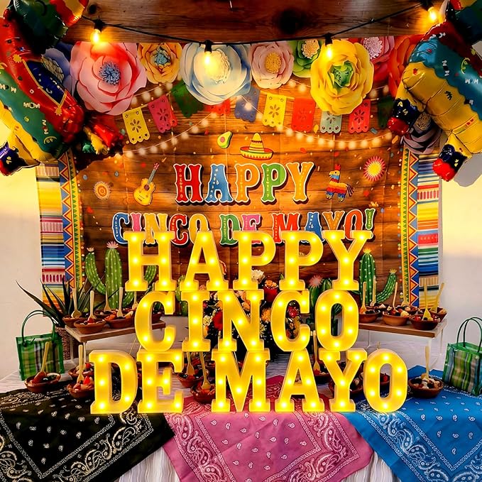 Honoson 16 Pcs Happy Cinco De Mayo Light Decorations Mexican Fiesta Party Decorations Table Decor Festival LED Lights up Sign for Mexican Fiesta Party Festival Streamers Home Decor