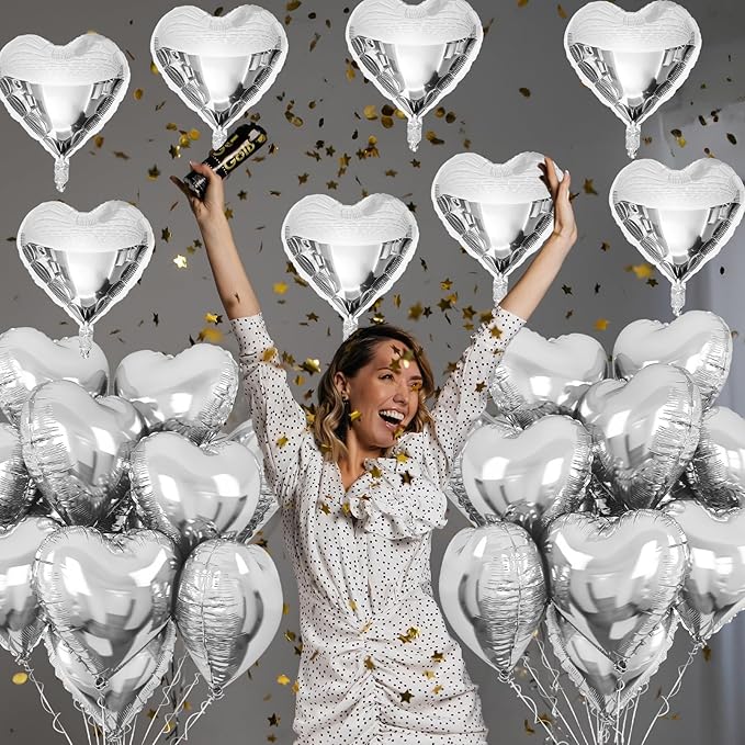 Silver Heart Foil Balloons, 10 Pcs Silver Heart Shape Balloons, 18Inch Metallic Heart Foil Balloon for Birthday Valentine Wedding Baby Shower Bridal Shower Graduation New Year Party Decorations